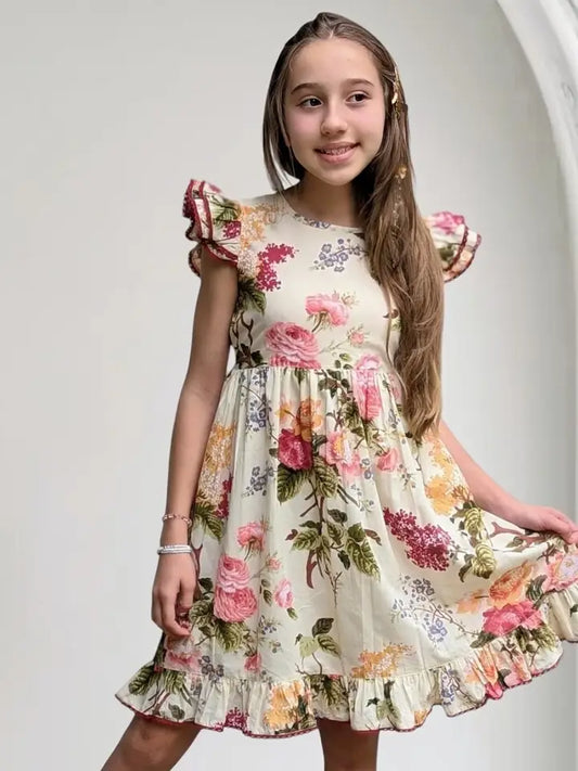 Beige Floral Dress with Lace Details For Kids and Infants