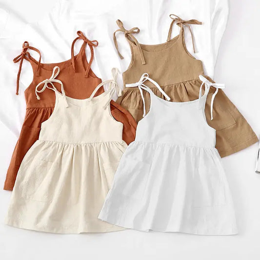Summer Solid Color Cotton Linen Pocket Suspender Dress