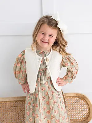 Sage-Green Floral Printed Sleeve Gathered Dress : Infant : Baby : Toddler : Tween : Kids