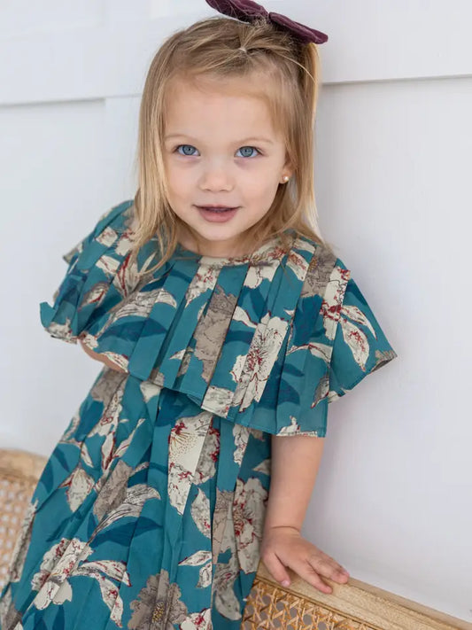 Turquoise Floral Printed Box Pleated