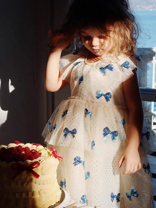 Sequin Bow Embroidery Mesh Cake Dress Girls’ Birthday Dress