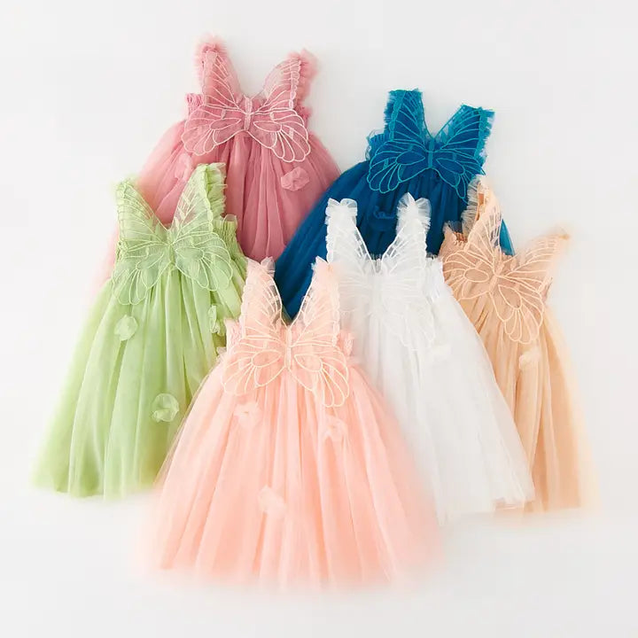 Baby Sleeveless Mesh Dress Puff Skirt with Butterfly Wing