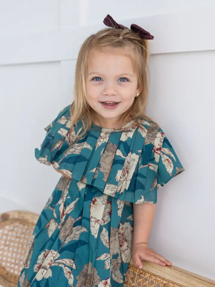 Turquoise Floral Printed Box Pleated