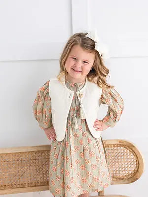 Sage-Green Floral Printed Sleeve Gathered Dress : Infant : Baby : Toddler : Tween : Kids