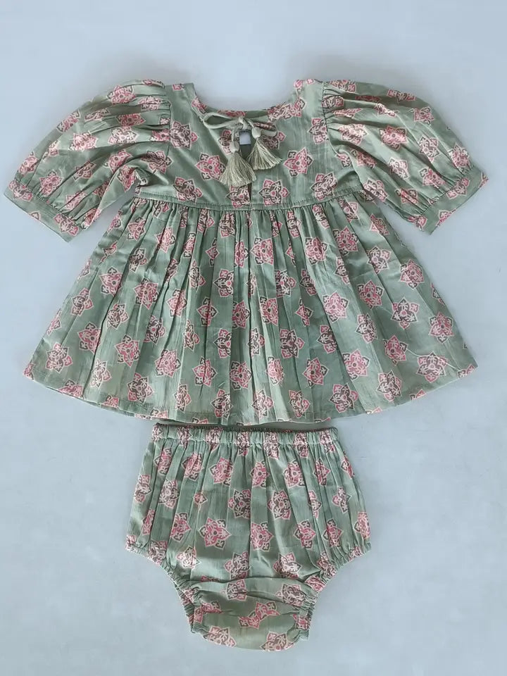 Sage-Green Floral Printed Sleeve Gathered Dress : Infant : Baby : Toddler : Tween : Kids
