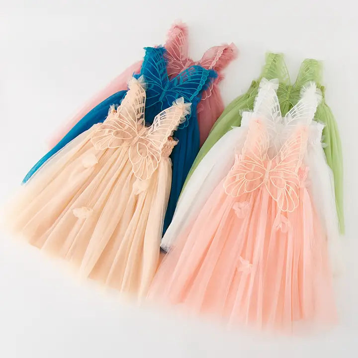 Baby Sleeveless Mesh Dress Puff Skirt with Butterfly Wing