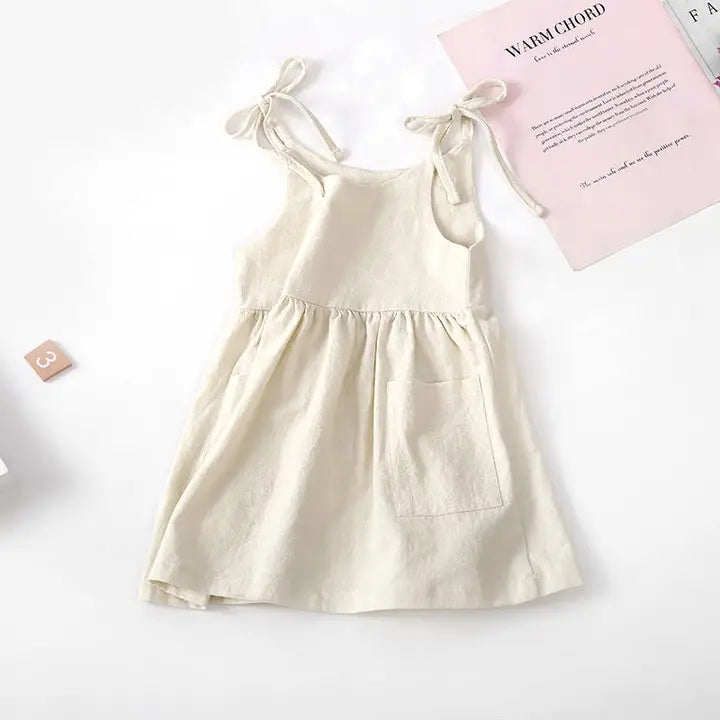 Summer Solid Color Cotton Linen Pocket Suspender Dress