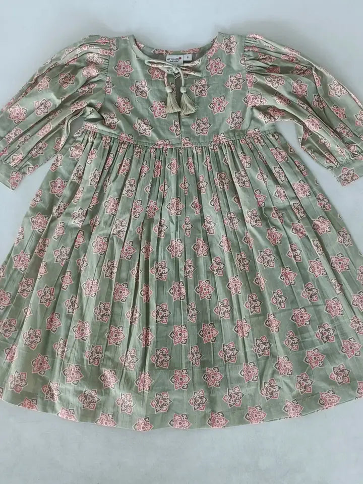 Sage-Green Floral Printed Sleeve Gathered Dress : Infant : Baby : Toddler : Tween : Kids